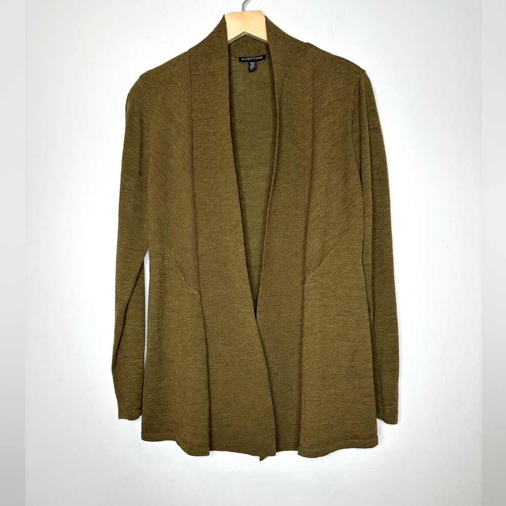 Eileen Fisher Green High Collar Long Wool Cardigan